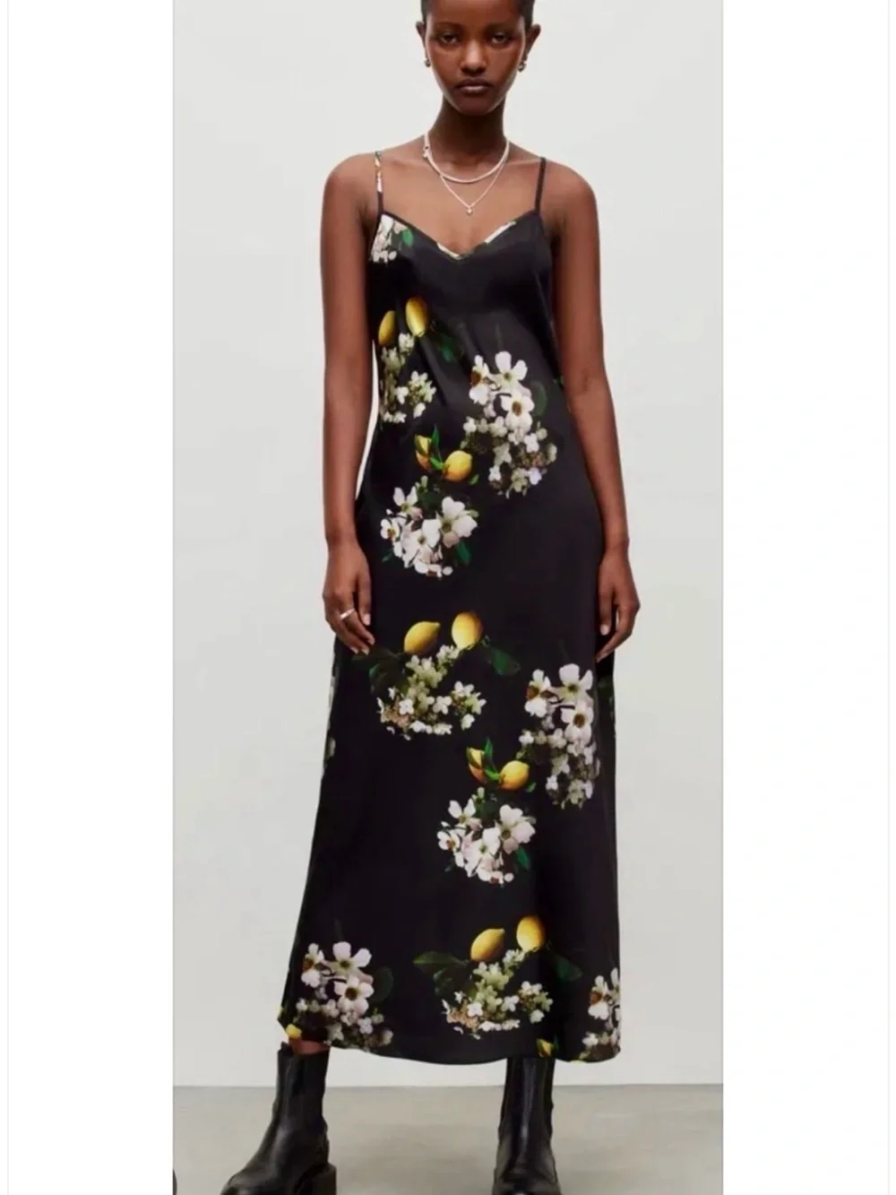 AllSaints Black Slip Maxi Dress with Lemon & White Floral Print - Picture 1 of 3